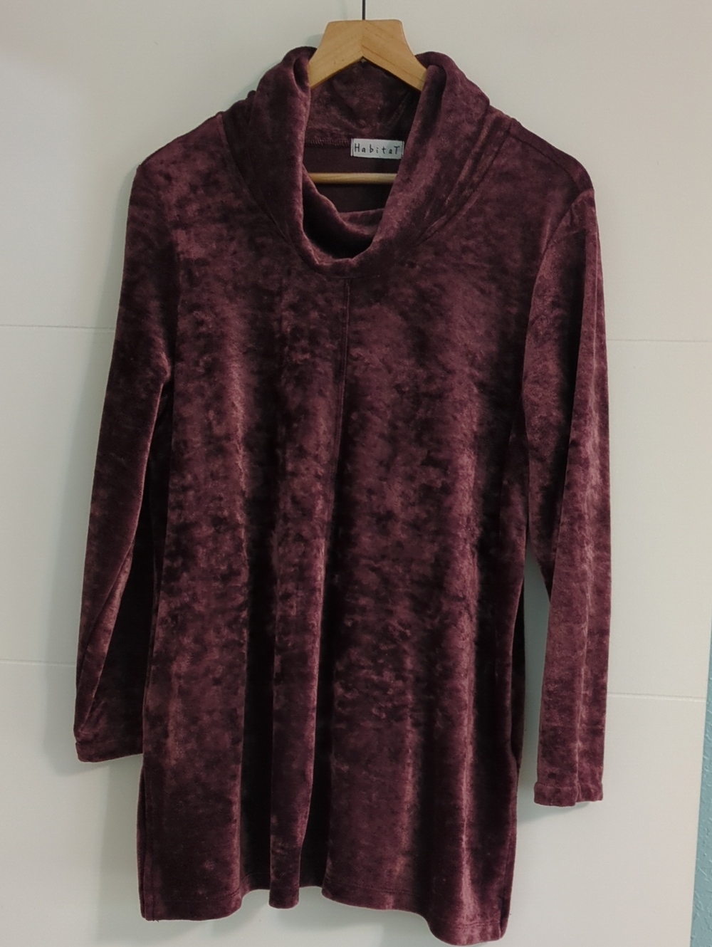 Habitat Women's Crushed Velvet Cowl Neck Tunic Top Plum Sz L Boho Casual